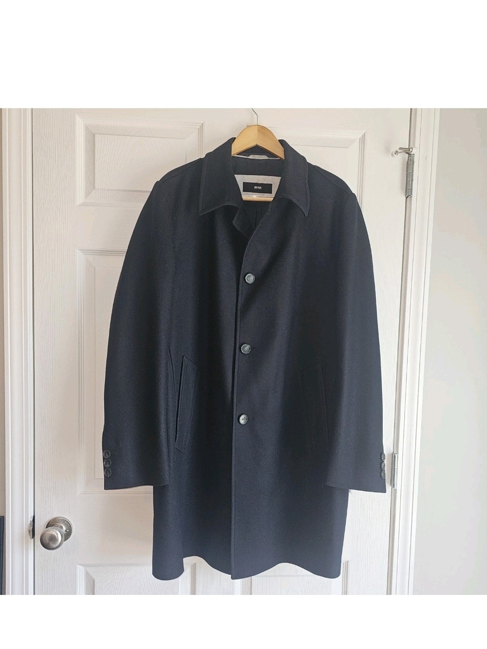 Boss By Hugo Boss Overcoat Mens 44R Black Wool Coat Notch Lapel Single Breasted